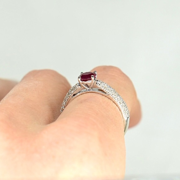 14K Ruby Diamond Ring - Genuine Ruby - 14K White Gold - Solitaire Ruby Ring - Ch - Picture 4 of 7